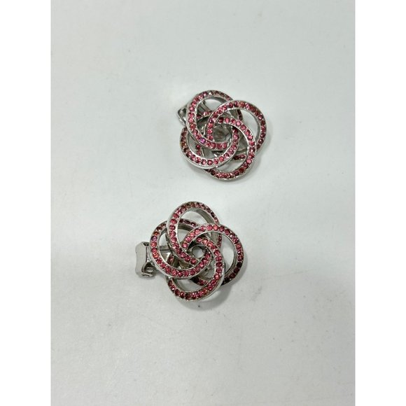 Signed KRAMER Clip On Earrings Silver Tone & Pink Rhinestones Love Knot Circles - Picture 6 of 8